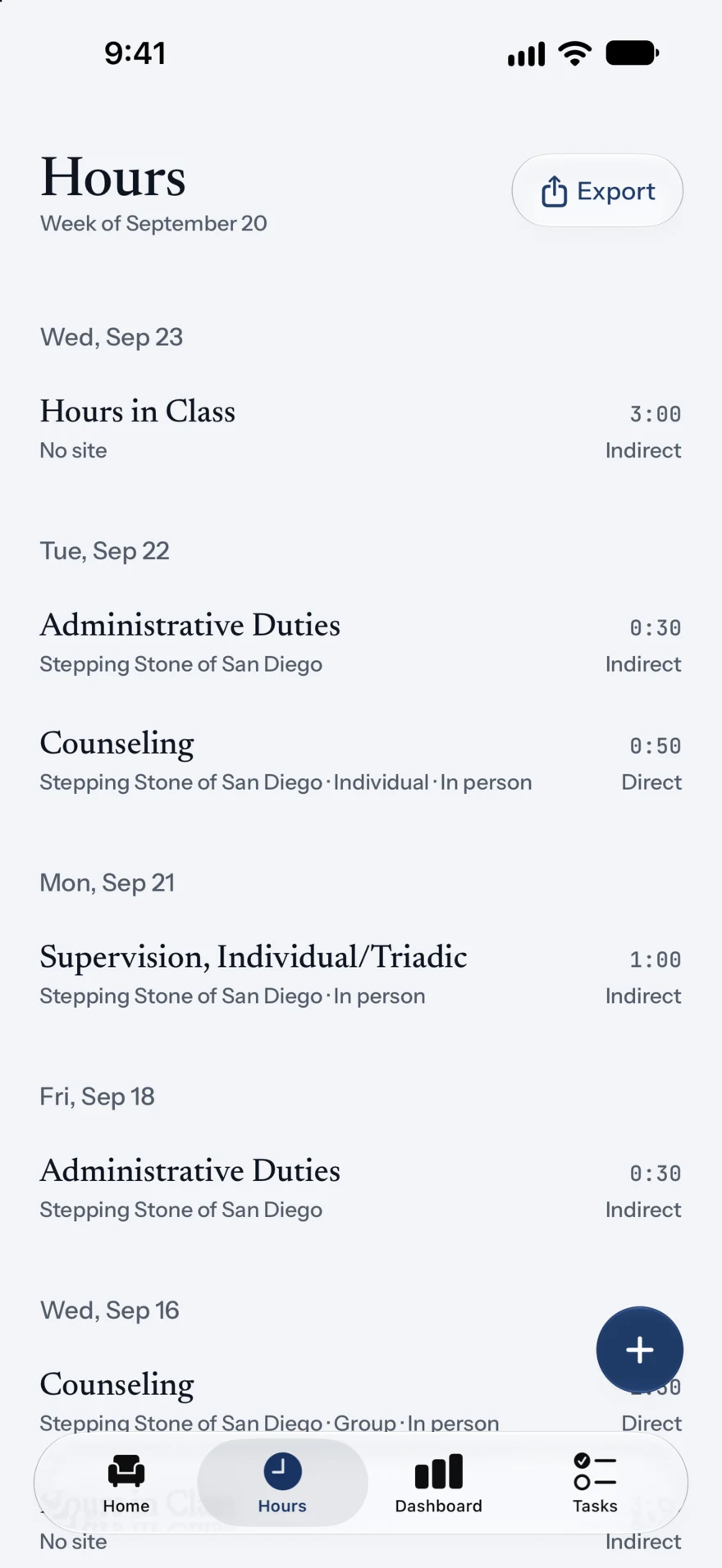 Hours: entries grouped by day with duration and category.