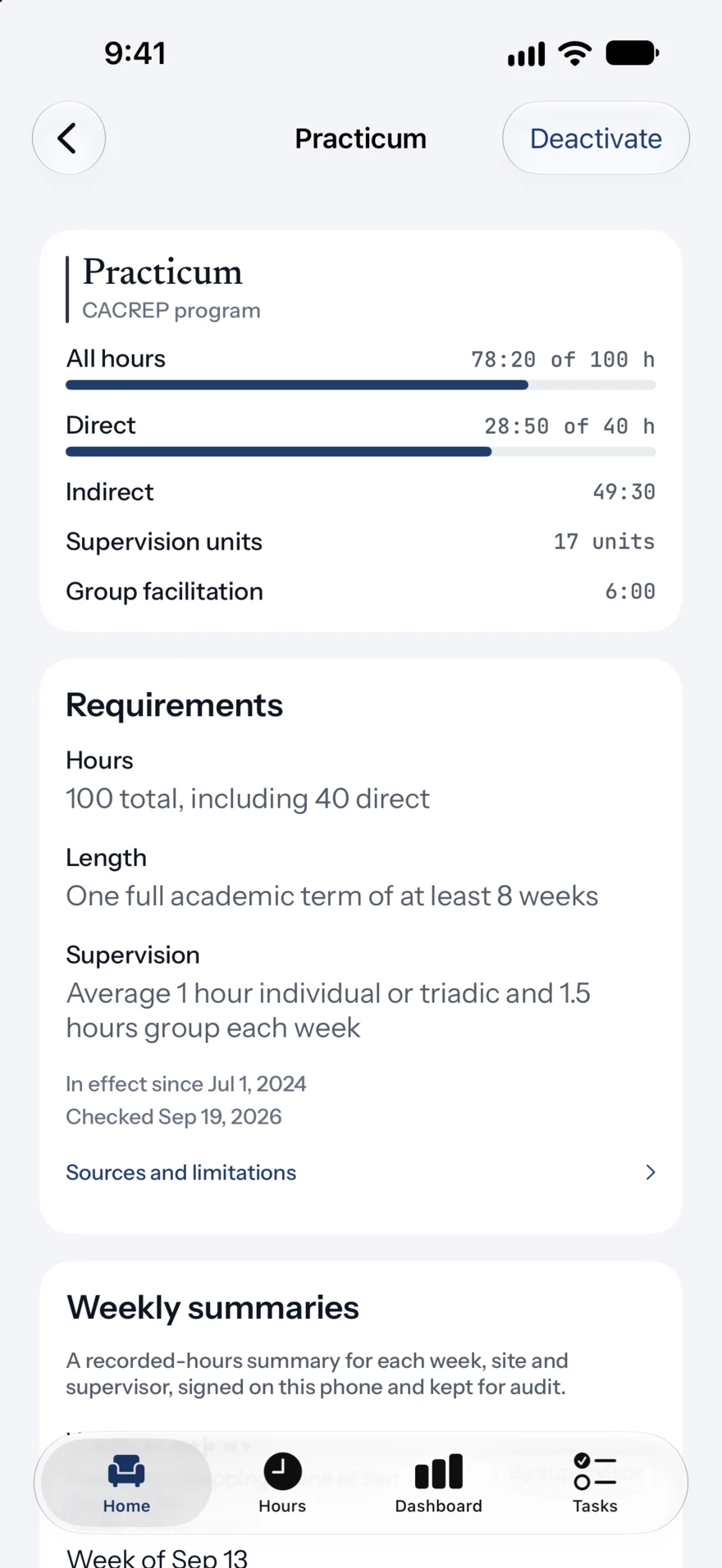 A ledger page in Accrue: totals, then Requirements with hours, length and supervision, the effective date, the date checked, and a link to sources and limitations.