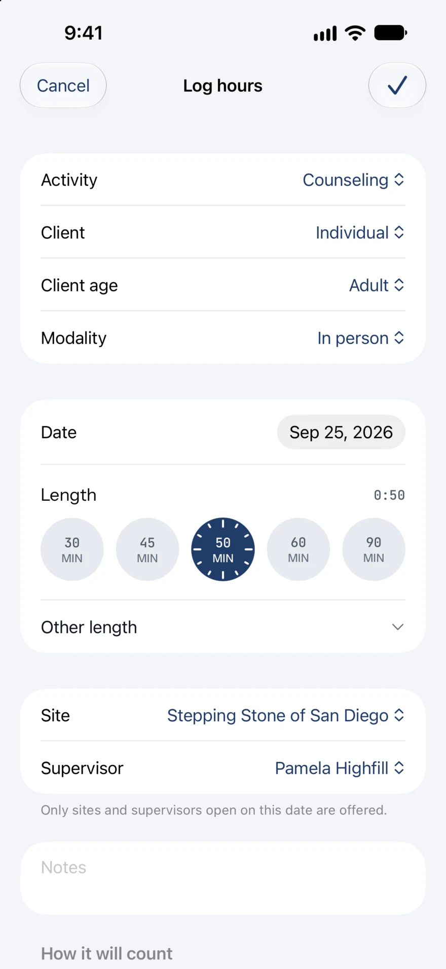 The Log hours sheet: activity, client, client age, modality, date, length and site.