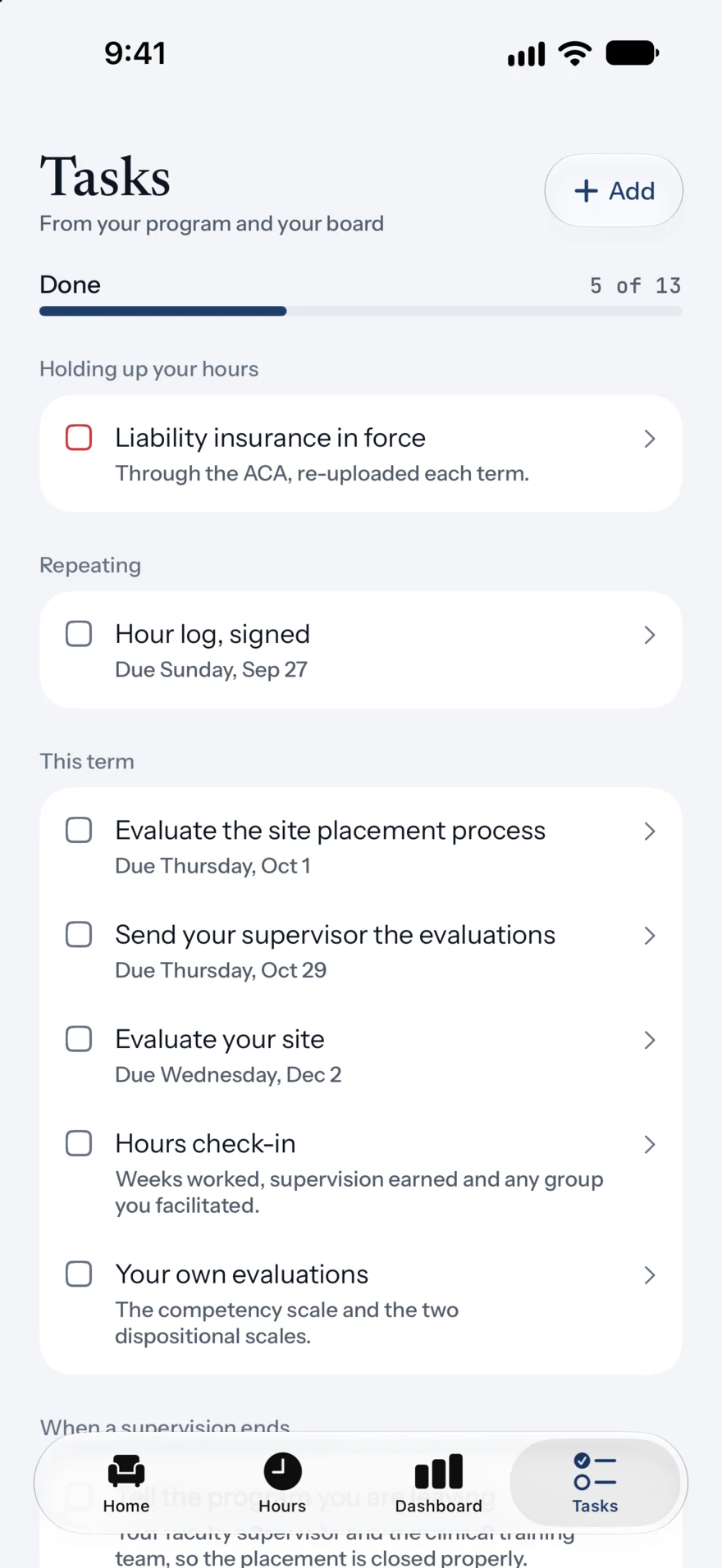 Tasks: a progress bar and tasks grouped by urgency and term.